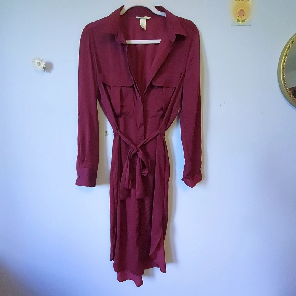 Silky Maroon Button Up Tie Waist Satin Shirt Dress